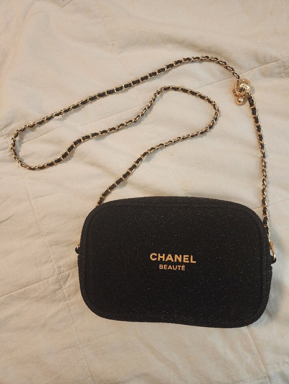 CHANEL Beauté Black & Gold Metallic Chain Strap Crossbody Bag Evening Party